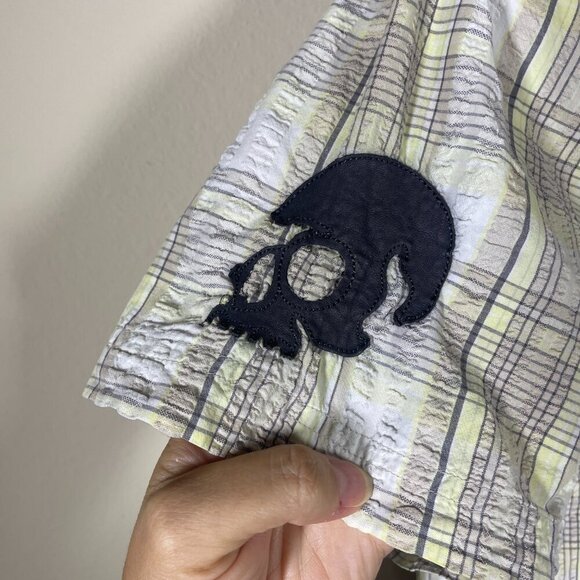 Artful Dodger Men's SS Yellow Gray Plaid Skull Print Button-up Shirt XL! - Picture 6 of 6